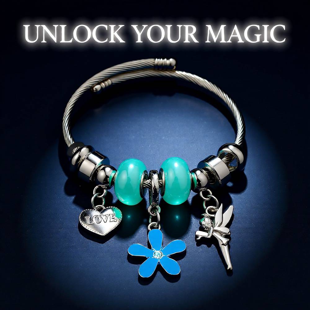 Heart Shape Butterfly Stainless Steel Asymmetrical Bangle - Lake Blue