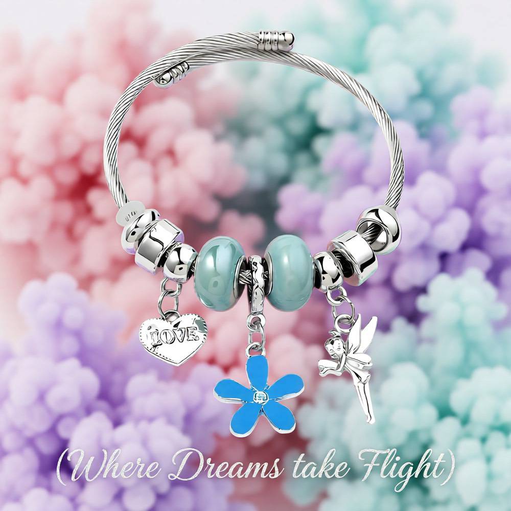 Heart Shape Butterfly Stainless Steel Asymmetrical Bangle - Lake Blue