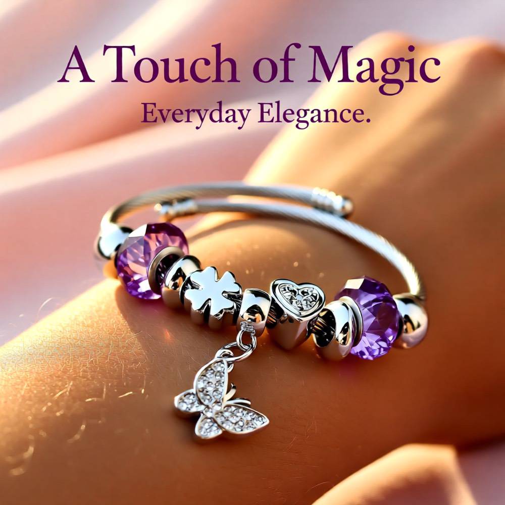 Heart Shape Butterfly Stainless Steel Bangle – Purple