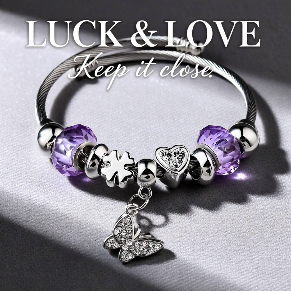 Heart Shape Butterfly Stainless Steel Bangle – Purple