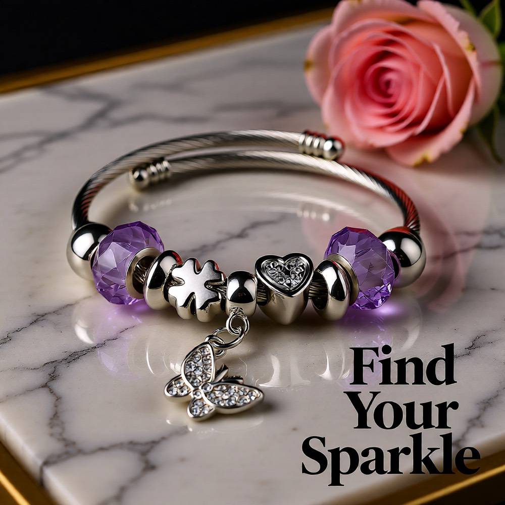 Heart Shape Butterfly Stainless Steel Bangle – Purple