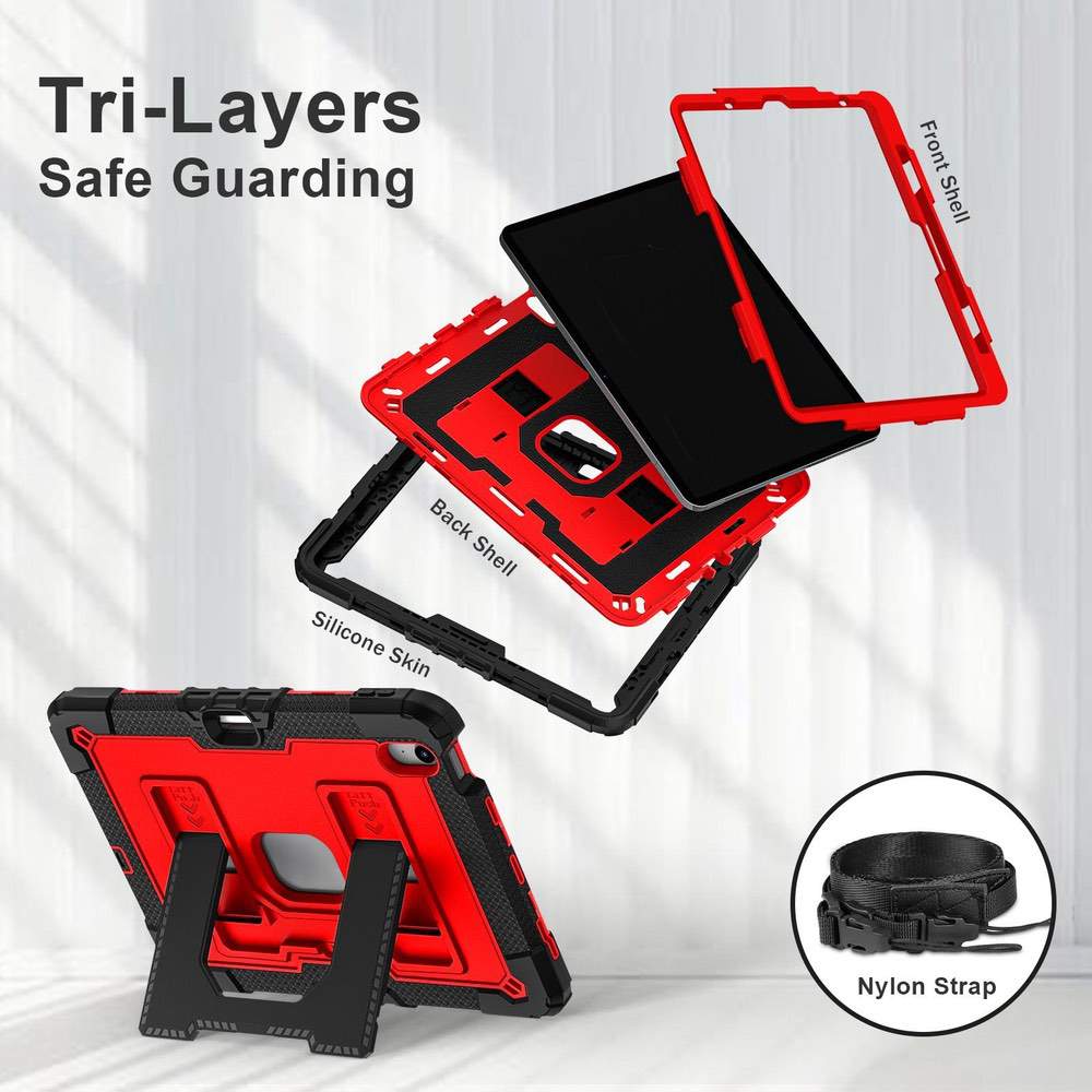 Red and black tablet case with multiple layers and a nylon strap on a white background