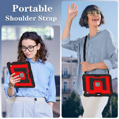Two people using a red and black tablet case with a shoulder strap.