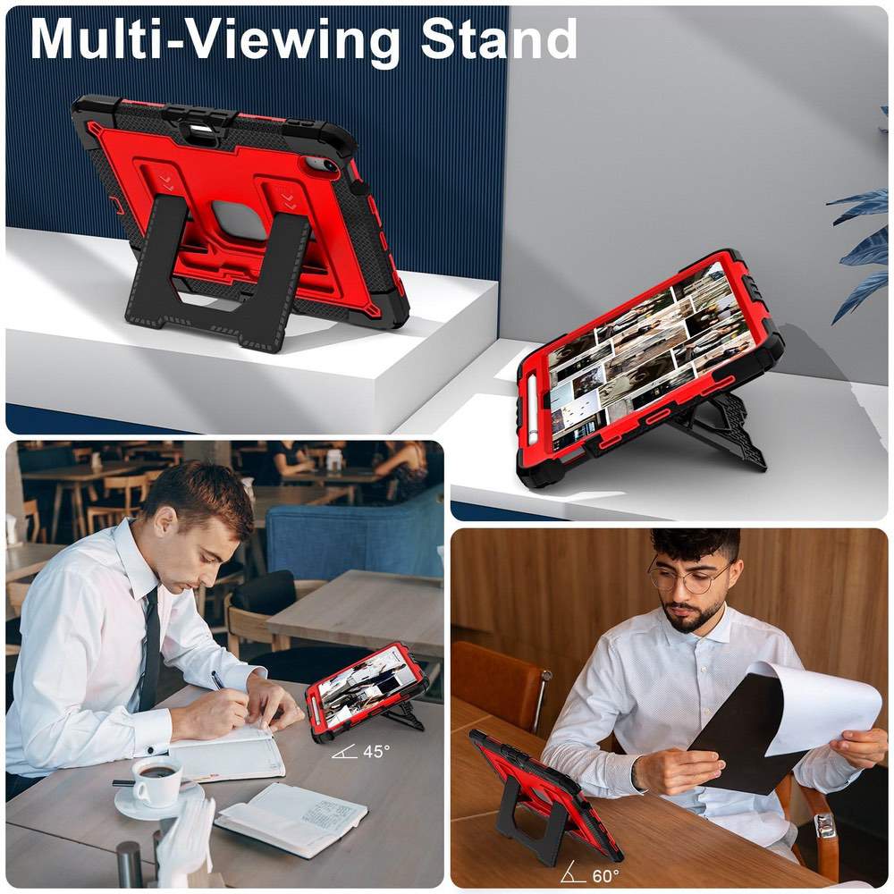 Red and black multi-viewing stand with various uses in different settings