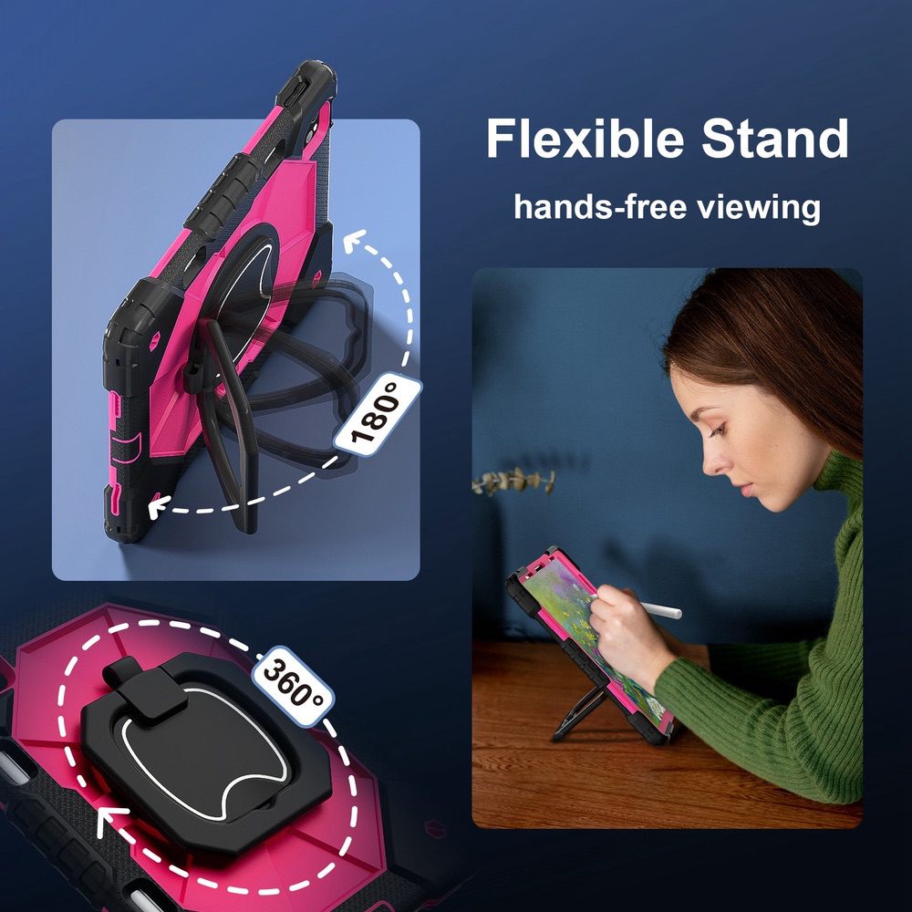 iPad Air 5 2022 / iPad Air 4 2020 Case With Pen Slot & Shoulder Strap - Black Rose Red