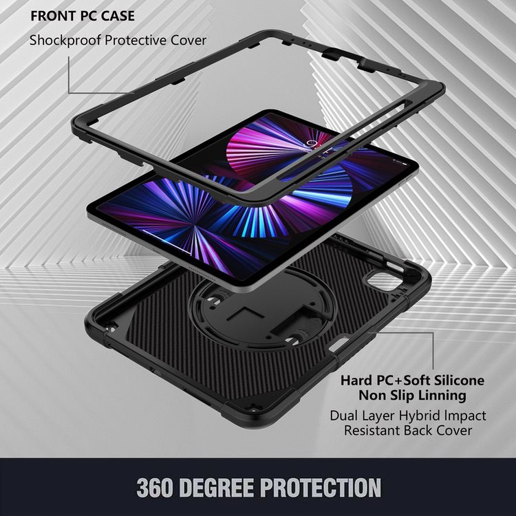 iPad Pro 11 2022/2021/2020 Case Shockproof With Pen Slot & Shoulder Strap - Black