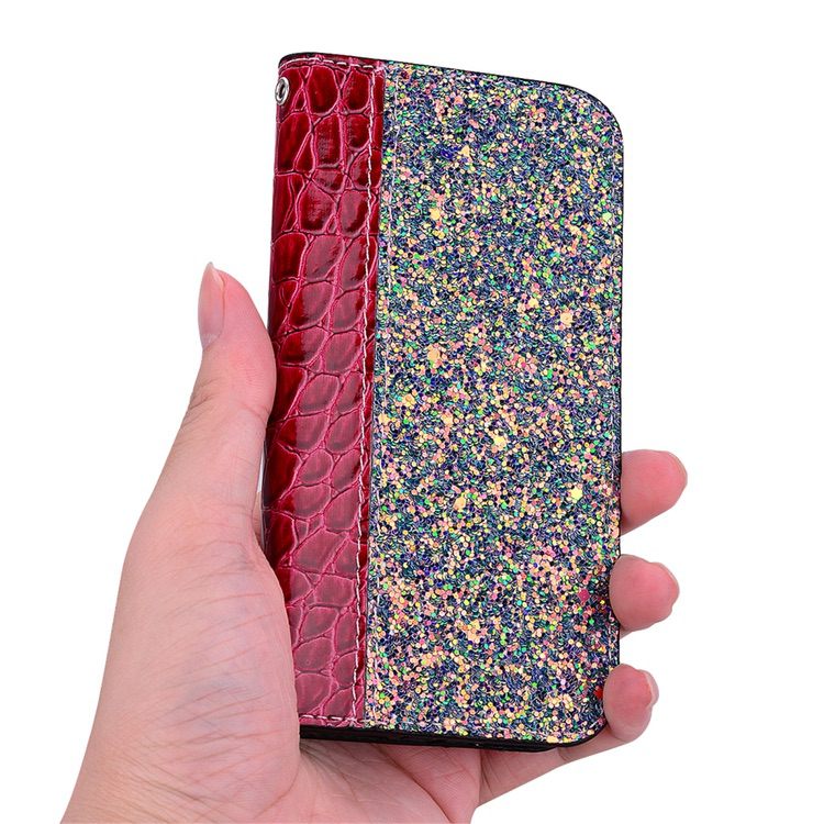 iPhone 11 Pro Case Crocodile Texture Glitter Powder Flip Wallet - Red Wine