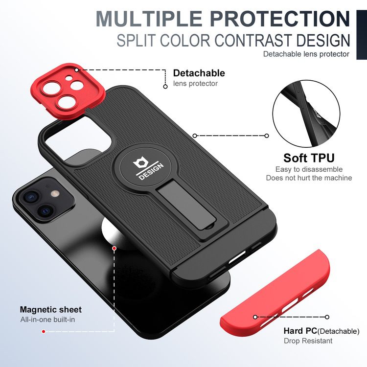 iPhone 12 Case tough and durable With Small Tail Holder - Black Red