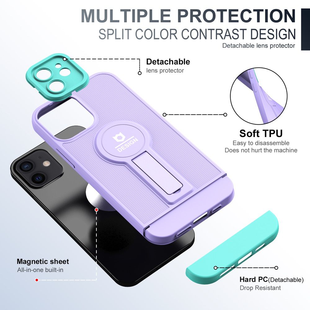 iPhone 12 Case With Small Tail Holder - Purple+Light Green