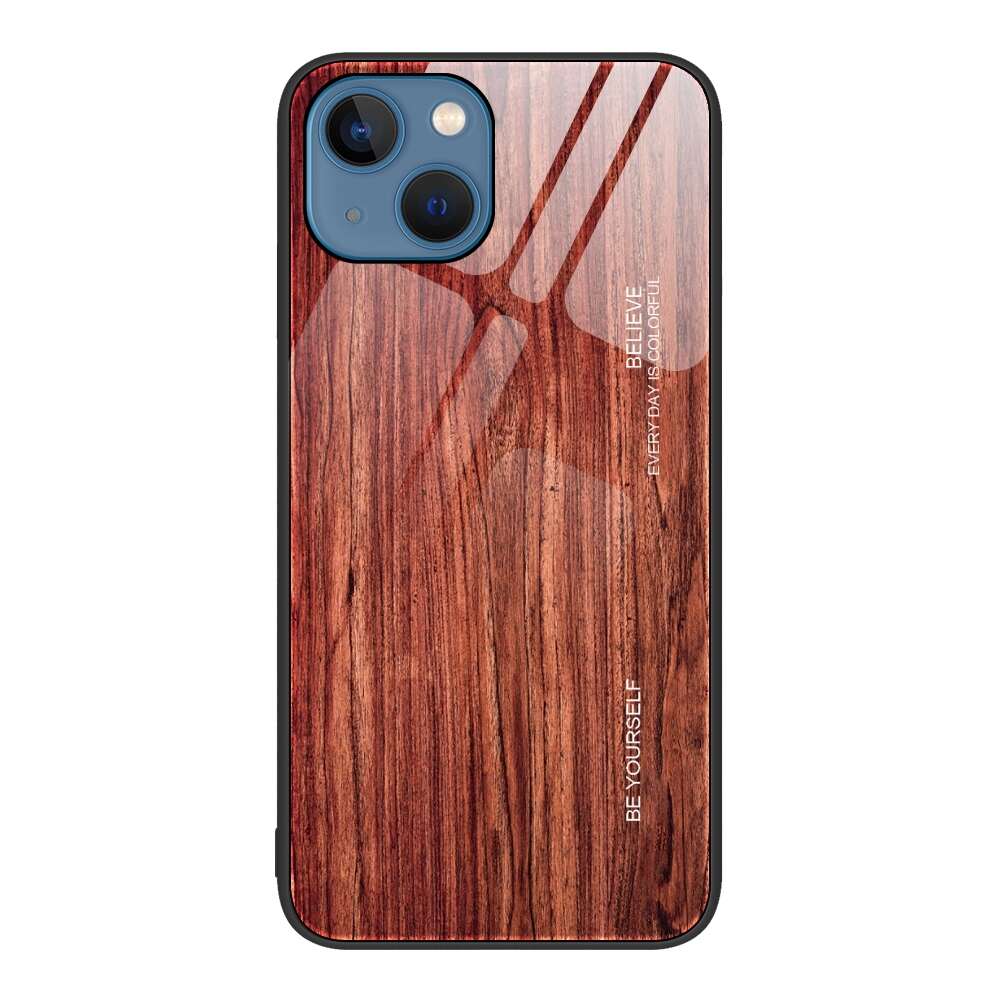 iPhone 13 Case Shockproof Wood Grain Glass - Coffee