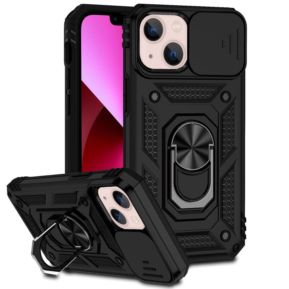 iPhone 14 Case With Camera Shield Cover & Ring Holder - Black