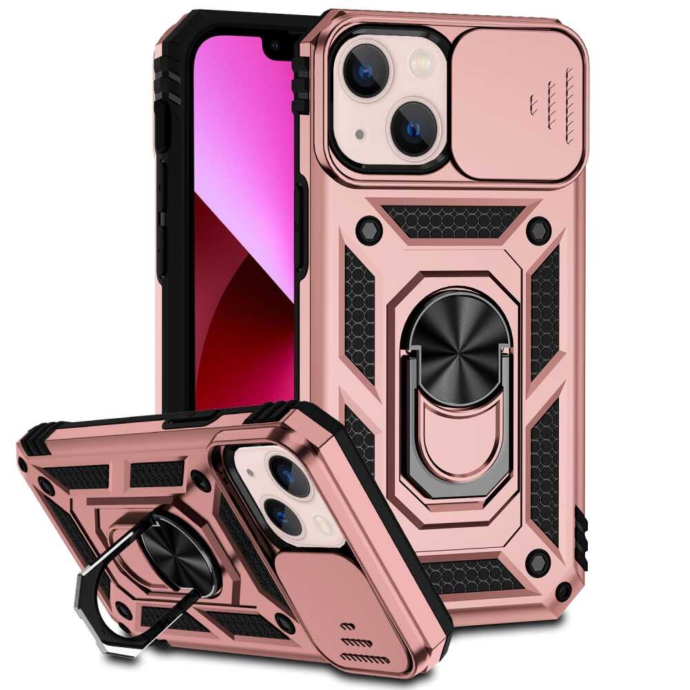 iPhone 14 Plus Case With Metal Ring Holder - Rose Gold