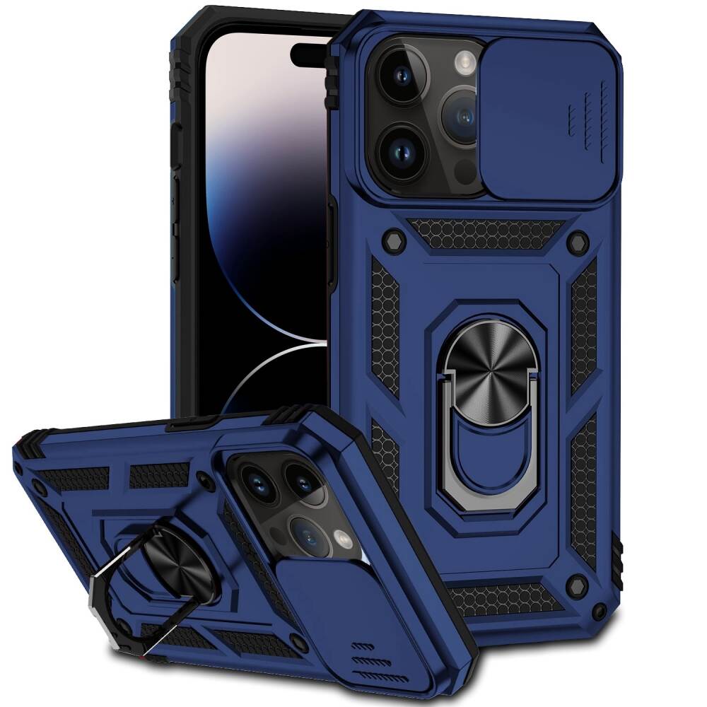 iPhone 14 Pro Case With Metal Ring Holder & Camera Shield - Blue