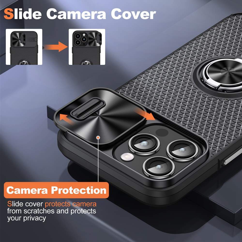 iPhone 14 Pro Max Case Sliding Camshield Armor with Ring Holder (Black)