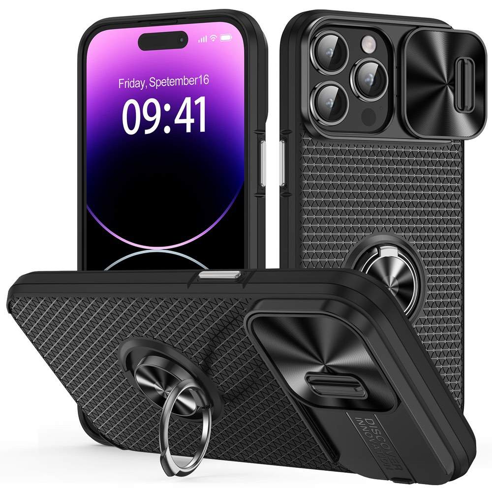 iPhone 14 Pro Max Case Sliding Camshield Armor with Ring Holder (Black)