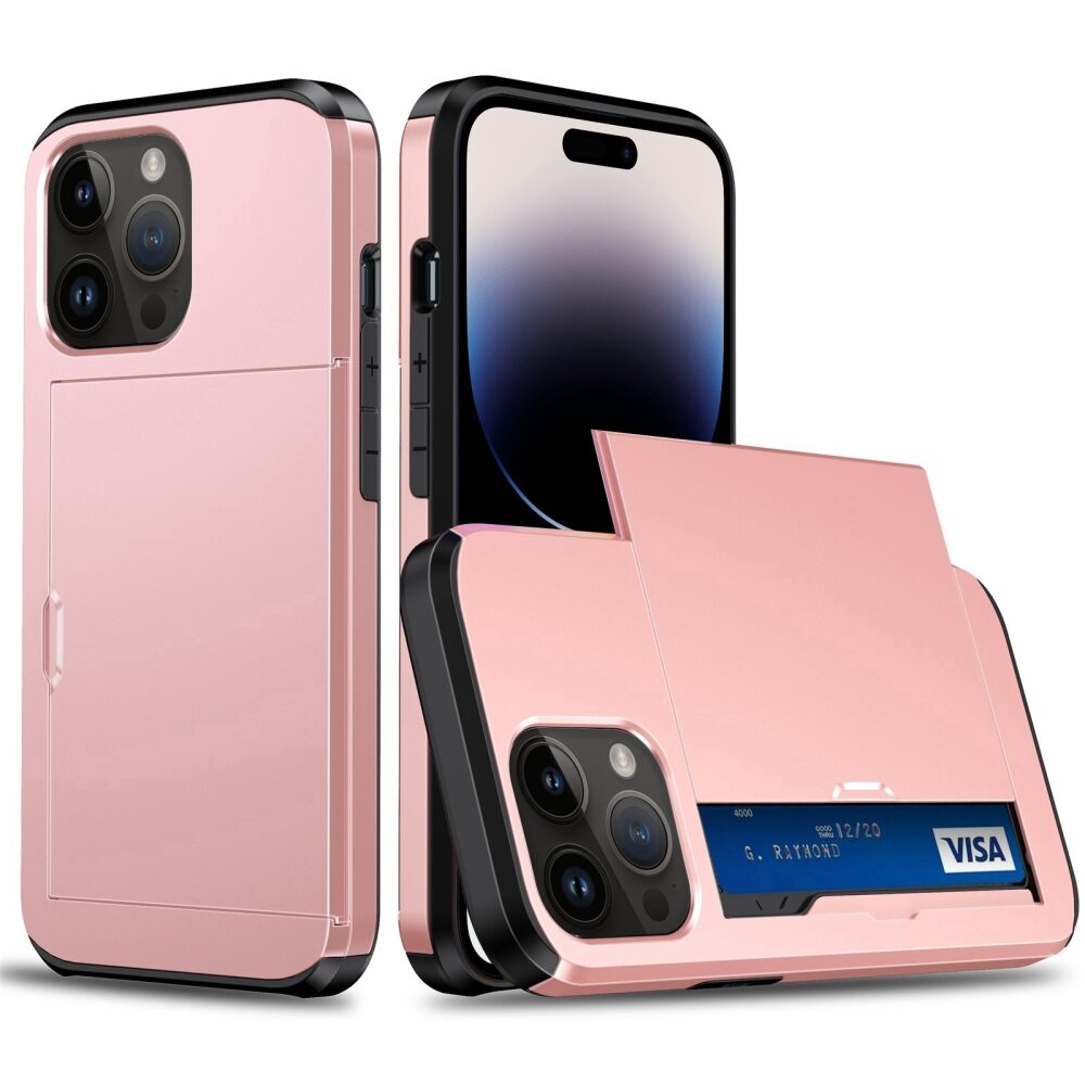 iPhone 14 Pro Max Case With Card Slots Made With TPU + PC - Rose Gold