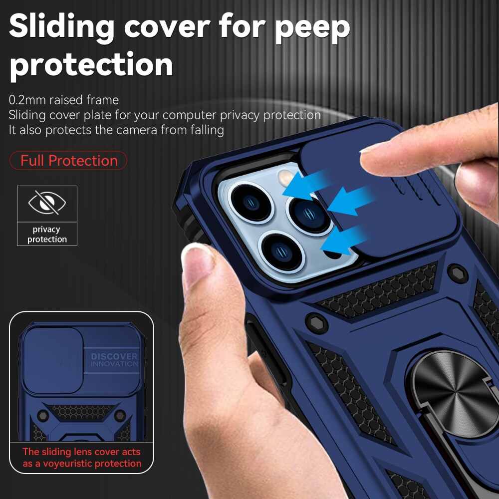 iPhone 14 Pro Max Case With Metal Ring Holder & Camera Shield - Blue