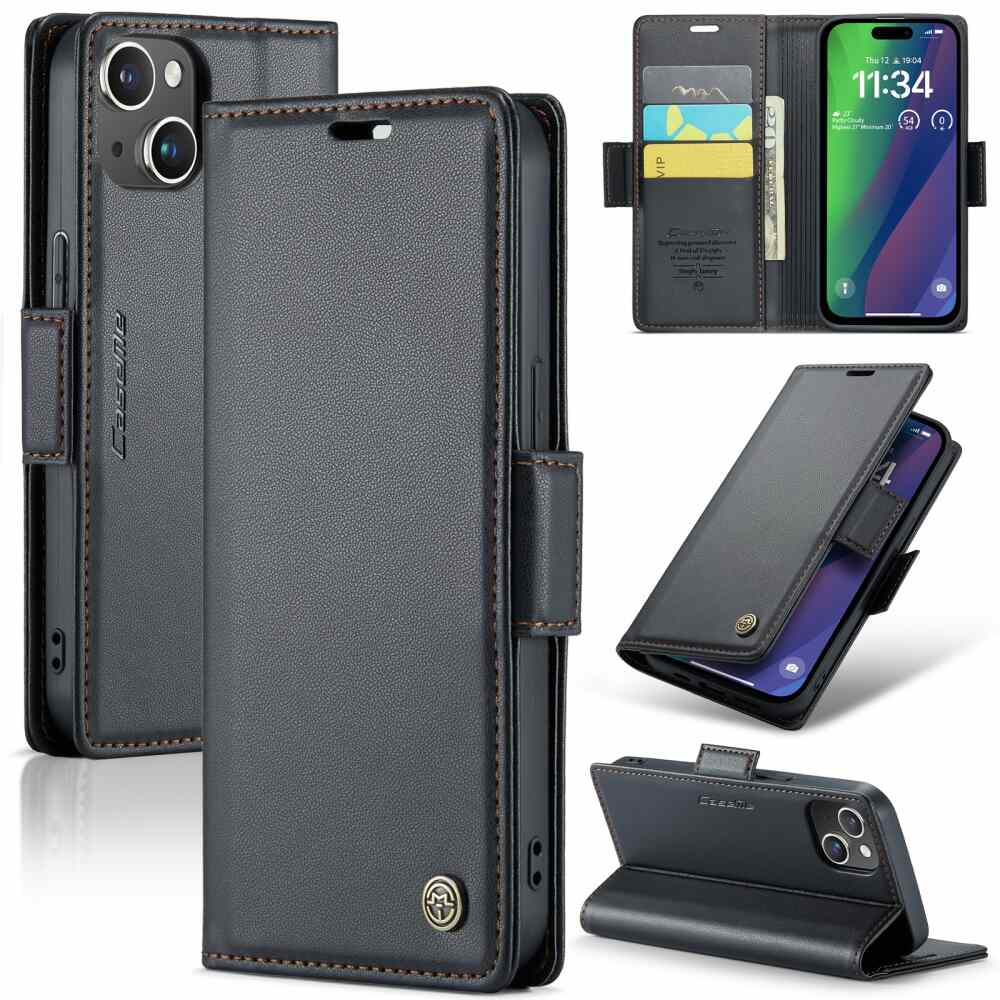 iPhone 15 Case CaseMe 023 RFID Anti-theft PU Leather - Black