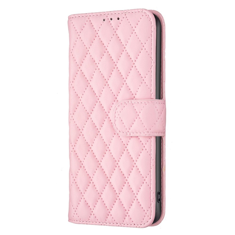 iPhone 15 Case Diamond Lattice Zipper Wallet - Pink