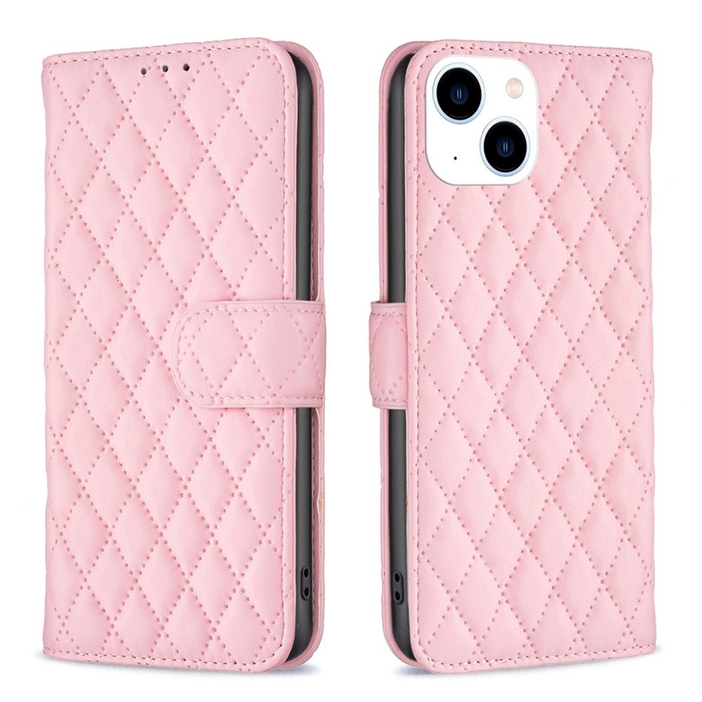 iPhone 15 Case Diamond Lattice Zipper Wallet - Pink