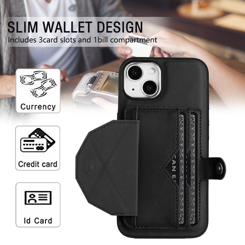 iPhone 15 Case PU Leather with Two Card Slots - Black