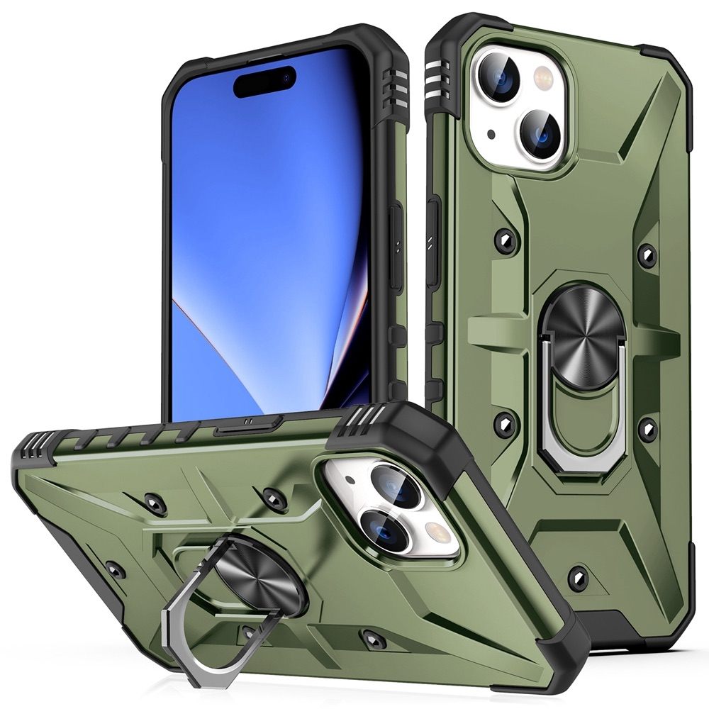 iPhone 15 Case with Metal Ring Holder - Army Green
