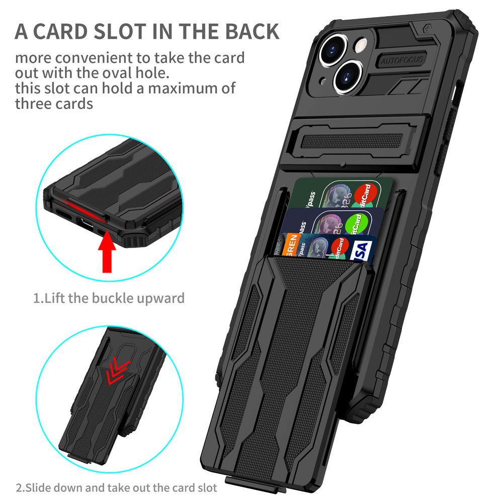 iPhone 15 Plus Case Armor Card Wallet With Kickstand - Black