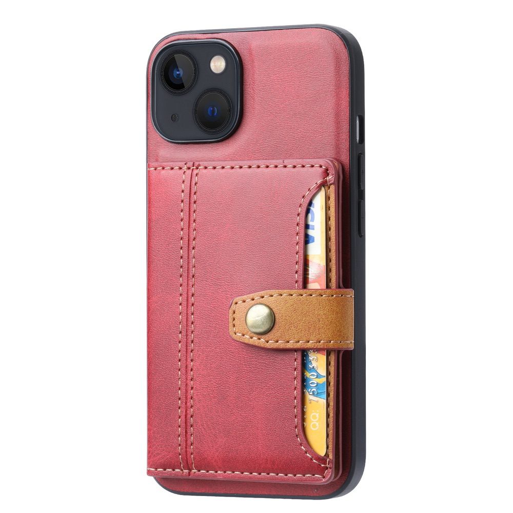iPhone 15 Plus Case Calfskin Texture PU Leather with 5 Card Slots - Red