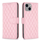 iPhone 15 Plus Case Diamond Lattice Zipper Wallet - Pink