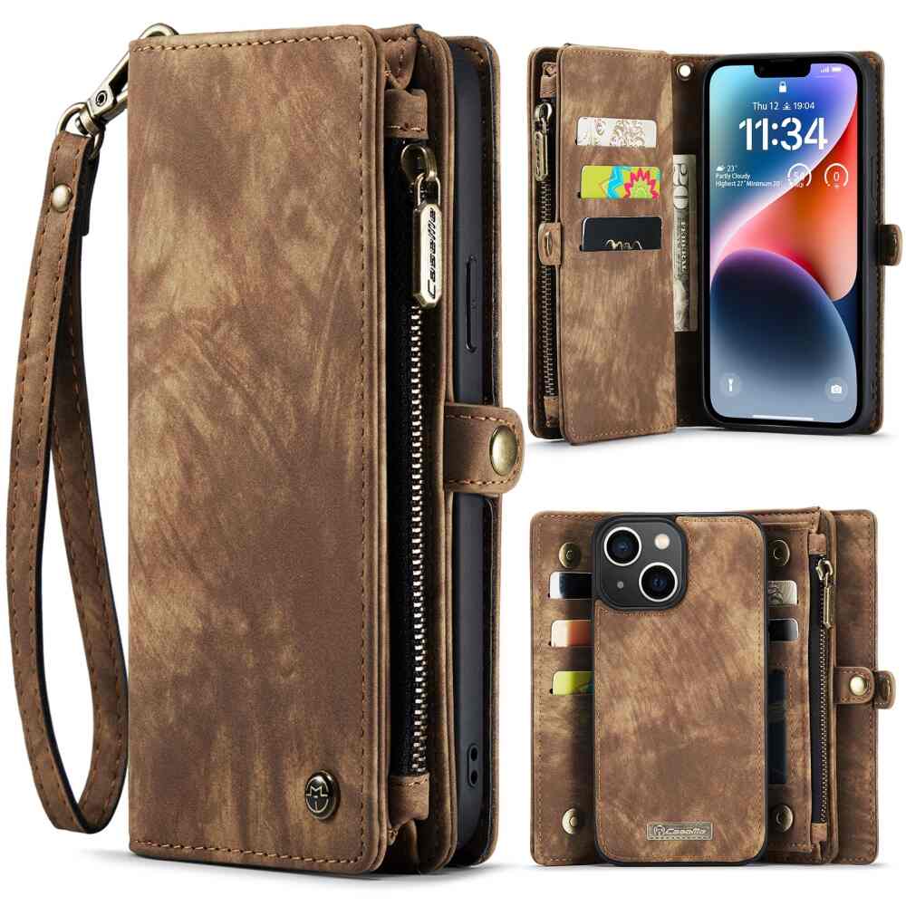 iPhone 15 Plus Case Multi-slot Detachable Protective Wallet - Brown