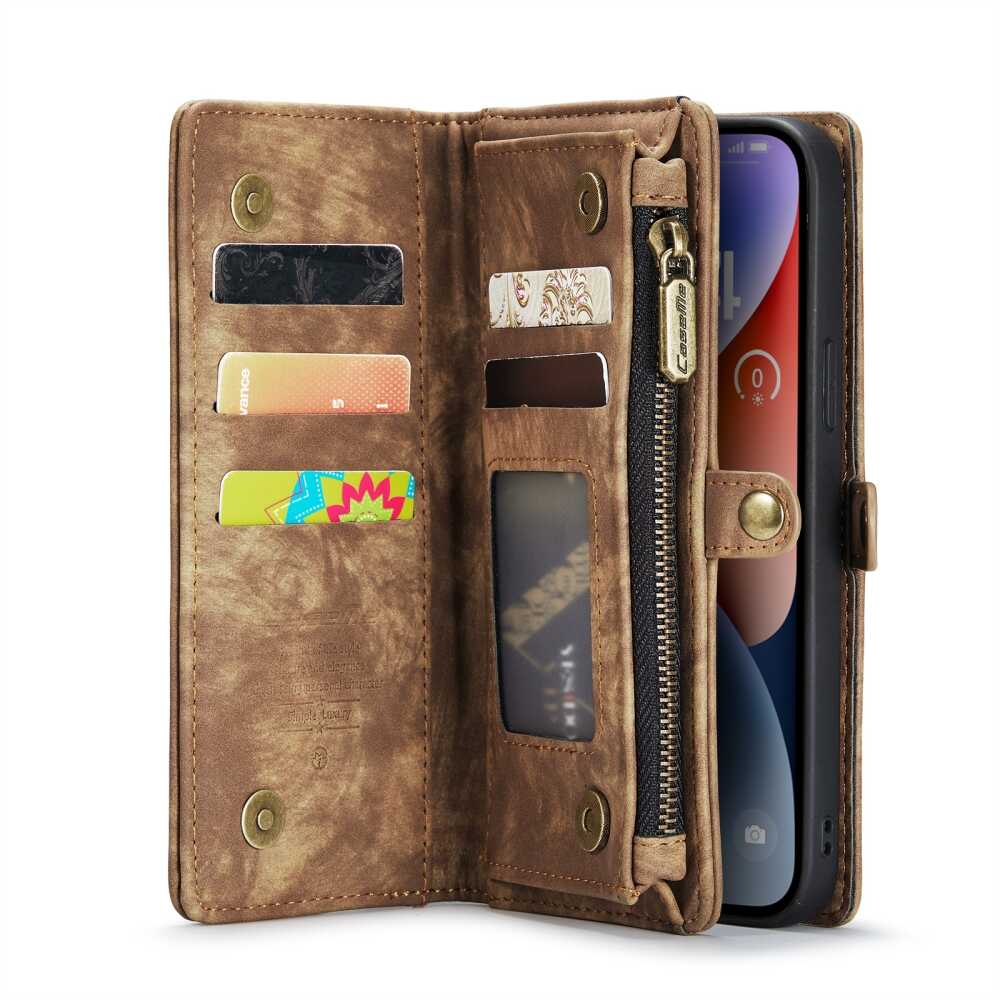 iPhone 15 Plus Case Multi-slot Detachable Protective Wallet - Brown