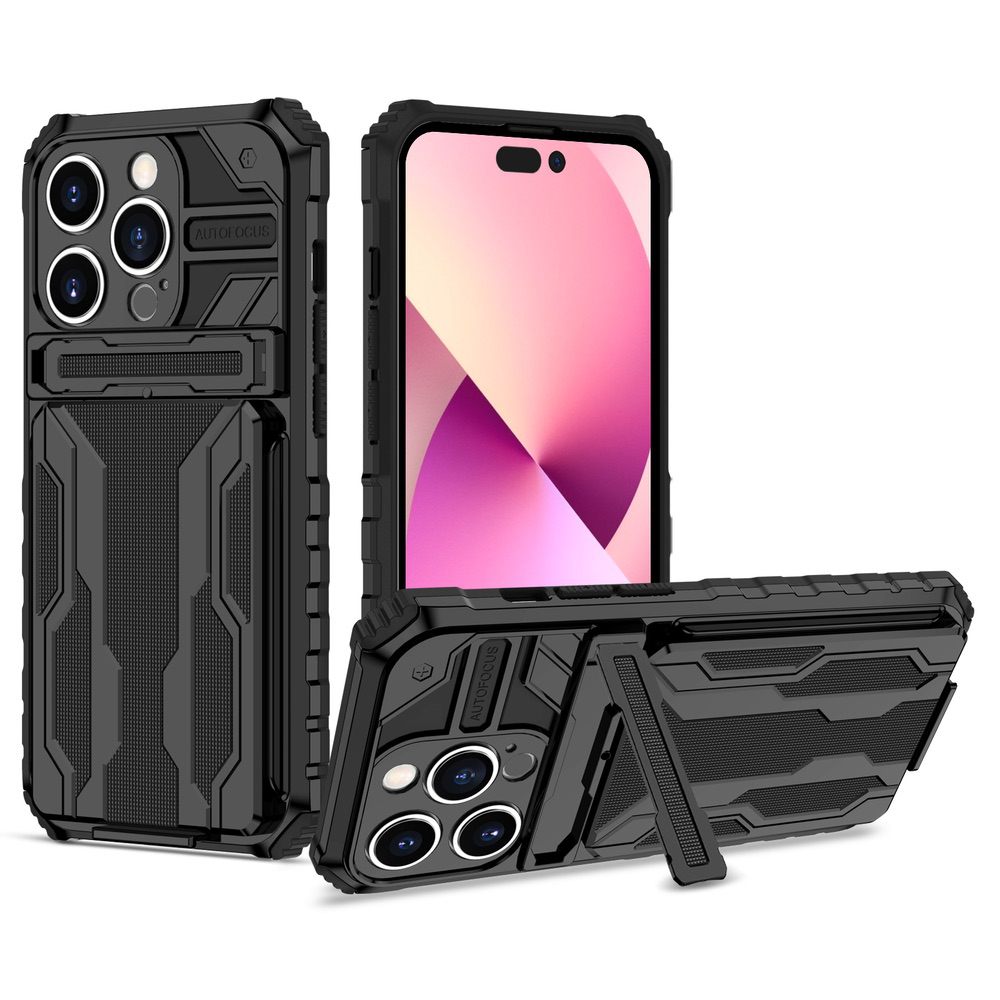 iPhone 15 Pro Case Armor Card Wallet With Kickstand - Black
