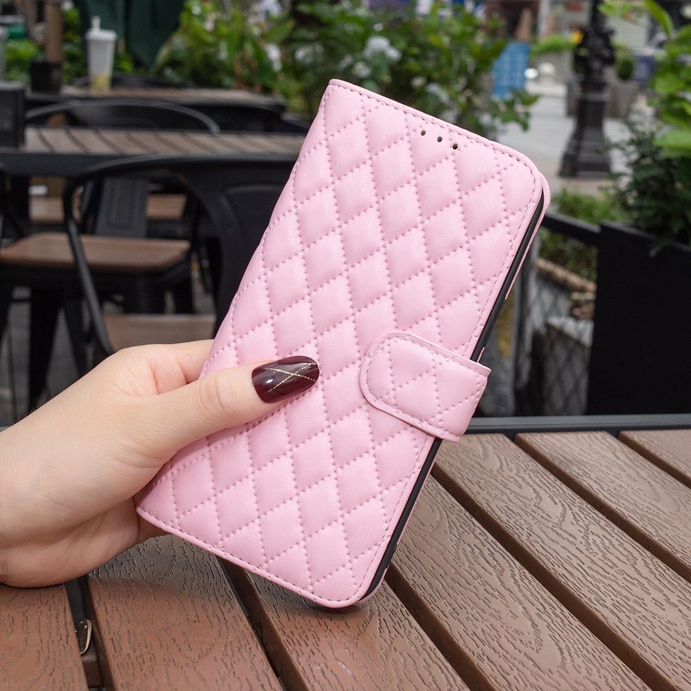 iPhone 15 Pro Case Diamond Lattice Zipper Wallet - Pink