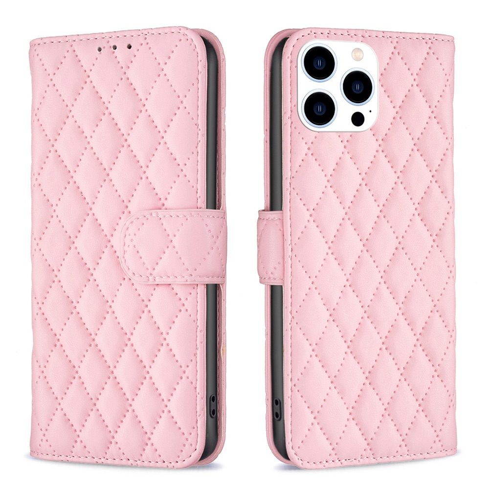 iPhone 15 Pro Case Diamond Lattice Zipper Wallet - Pink