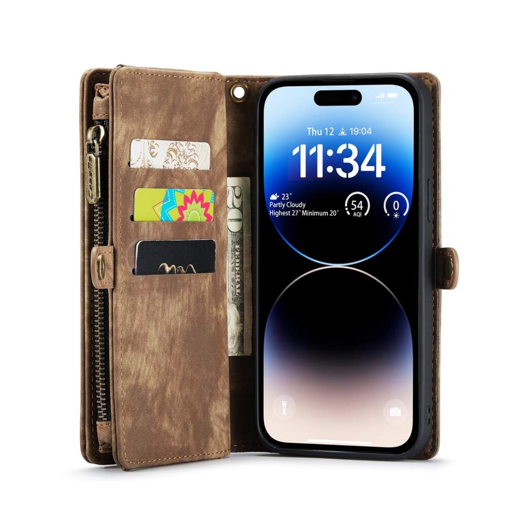 iPhone 15 Pro Case Multi-slot Detachable Protective Wallet - Brown