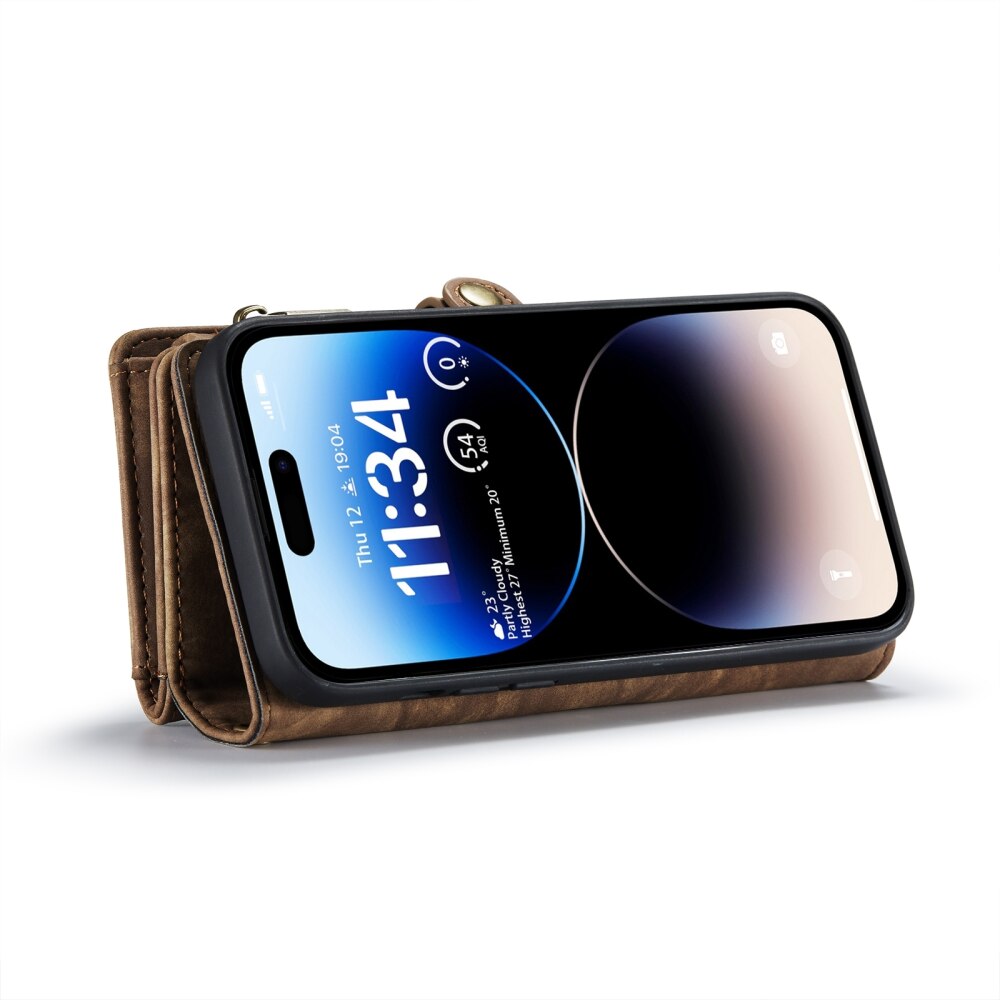 iPhone 15 Pro Case Multi-slot Detachable Protective Wallet - Brown
