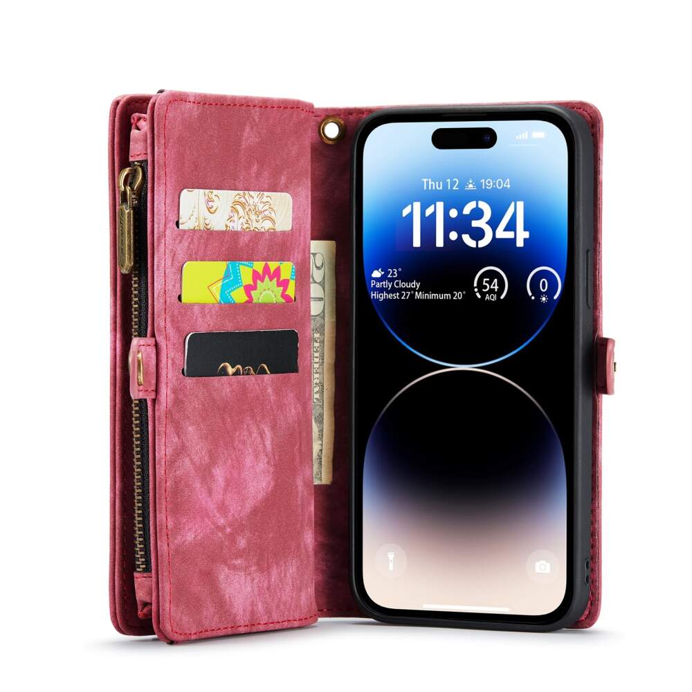 iPhone 15 Pro Case Multi-slot Detachable Protective Wallet - Red