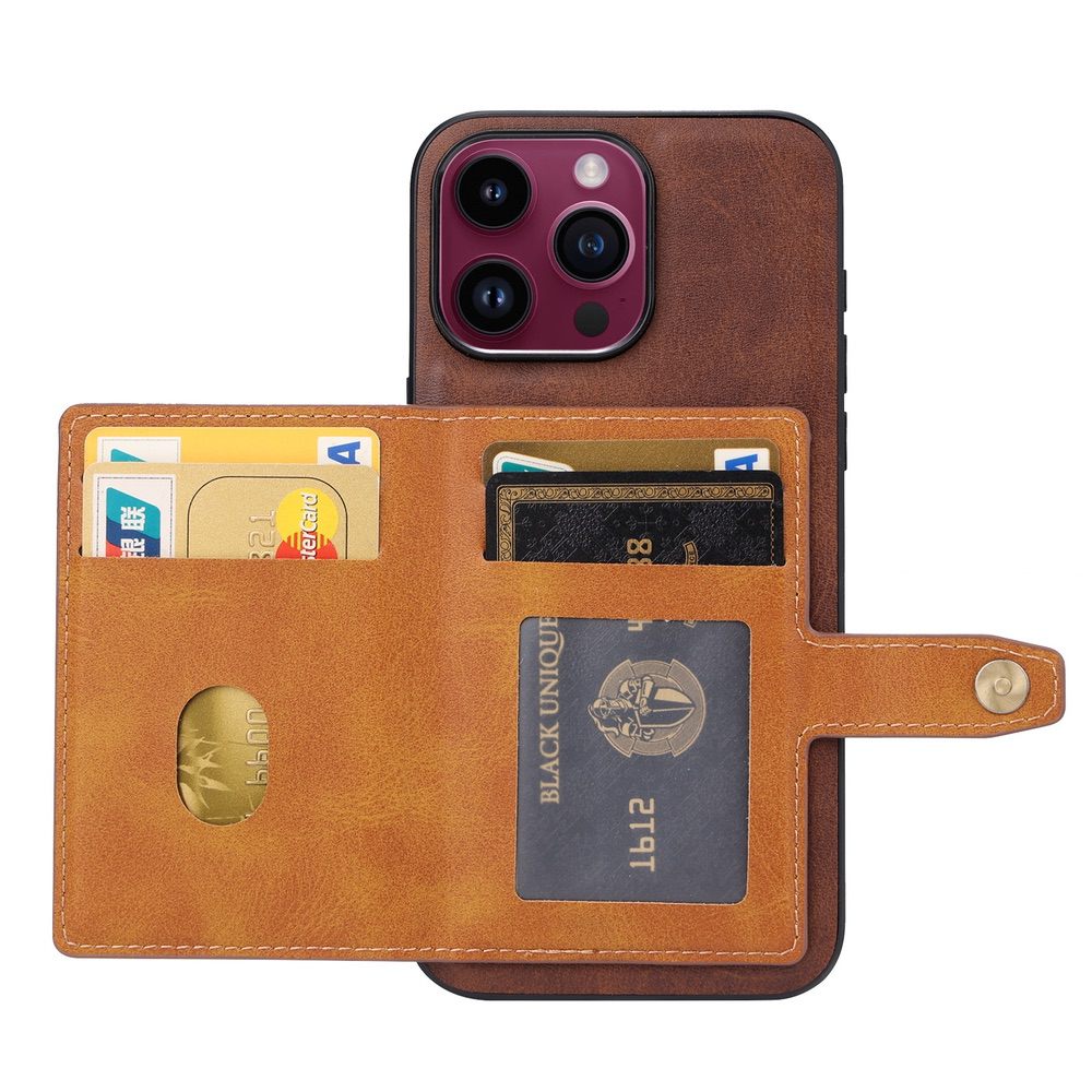 iPhone 15 Pro Max Case Calfskin Texture PU Leather with 5 Card Slots - Black