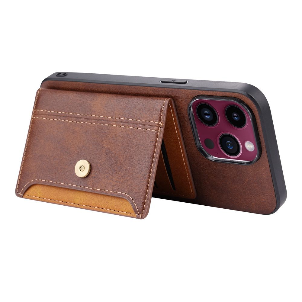 iPhone 15 Pro Max Case Calfskin Texture PU Leather with 5 Card Slots - Black