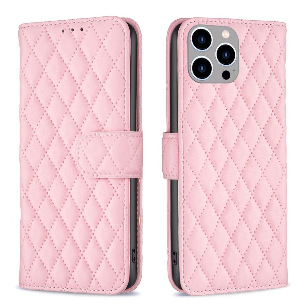 iPhone 15 Pro Max Case Diamond Lattice Zipper Wallet - Pink