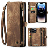 iPhone 15 Pro Max Case Multi-slot Detachable Protective Wallet - Brown