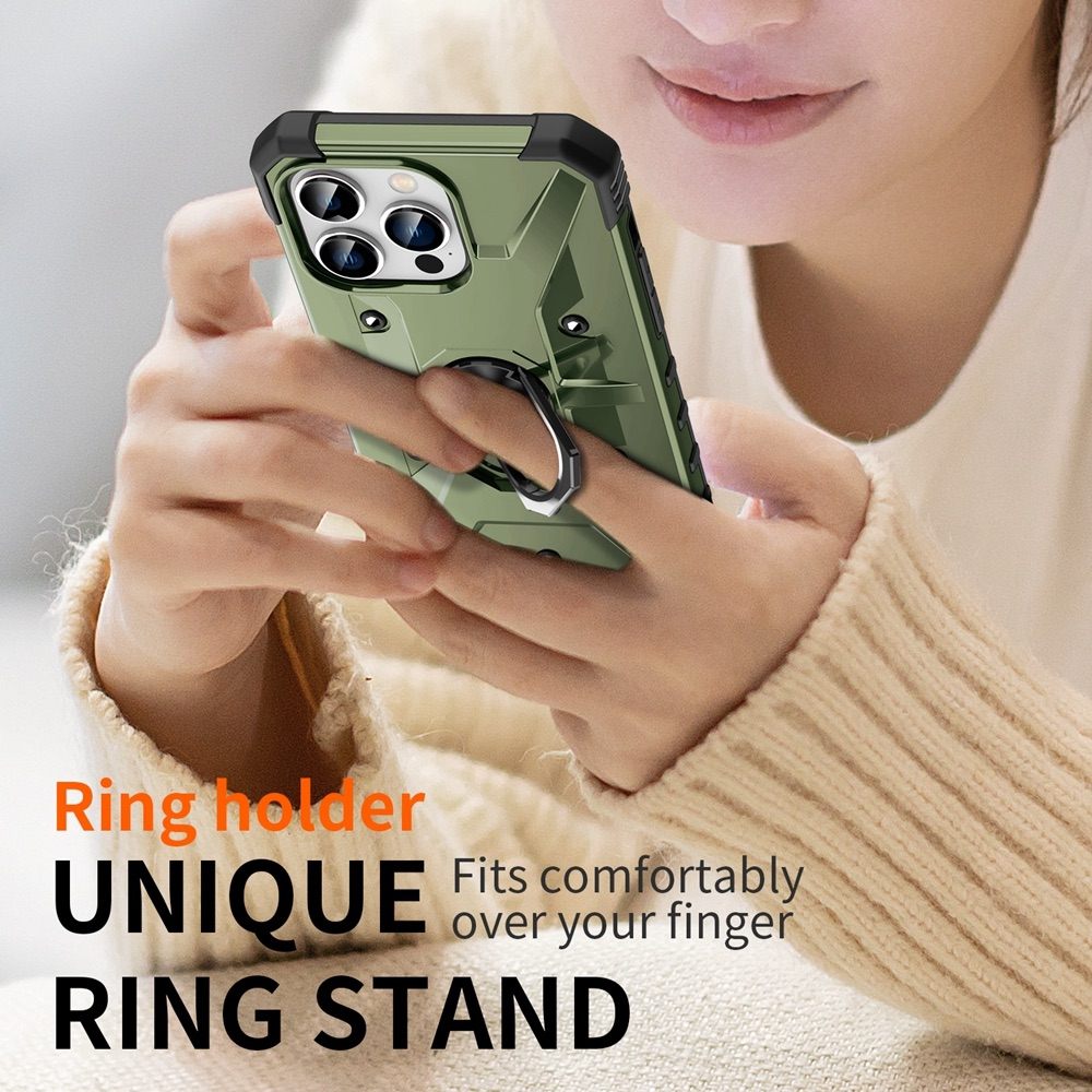 iPhone 15 Pro Max Case with Metal Ring Holder - Army Green