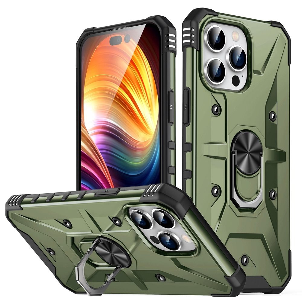 iPhone 15 Pro Max Case with Metal Ring Holder - Army Green