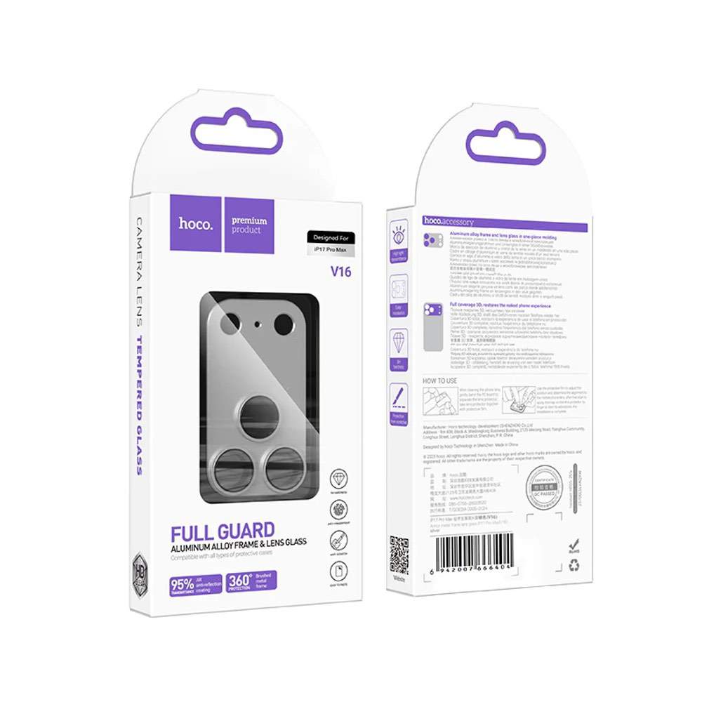 iPhone 17 Pro Max Lens Protector HOCO V16 Aluminum Full Guard – Silver