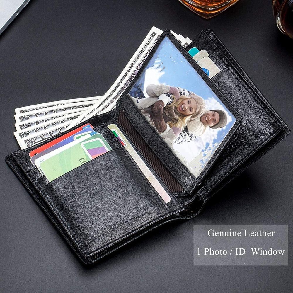 Mens Wallet BULLCAPTAIN Large Capacity Genuine Leather Bifold - Black
