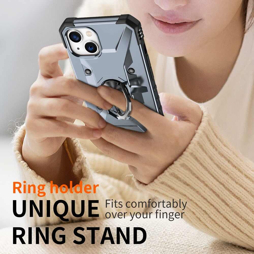 iPhone 15 Plus Case Shockproof Metal Ring Holder - Grey