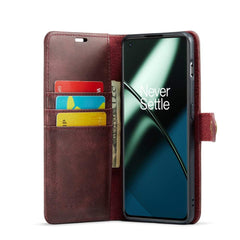 OnePlus 11 Case Crazy Horse Texture Detachable Magnetic PU Leather Deep Burgundy