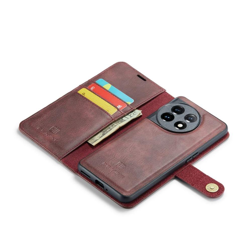 OnePlus 11 Case Crazy Horse Texture Detachable Magnetic PU Leather Deep Burgundy