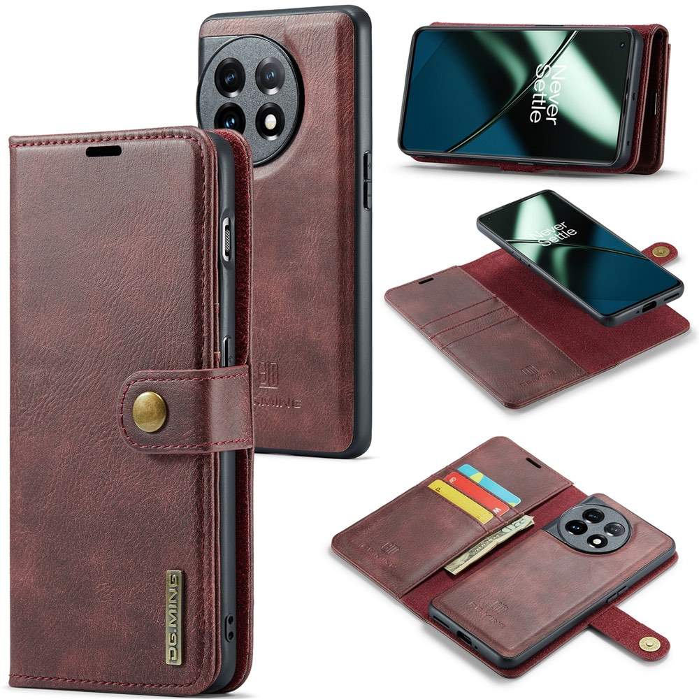 OnePlus 11 Case Crazy Horse Texture Detachable Magnetic PU Leather Deep Burgundy