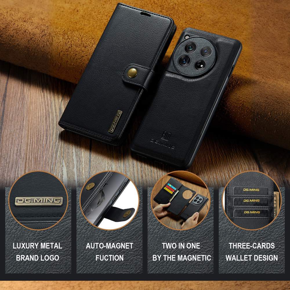 OnePlus 12 Case Crazy Horse Texture Detachable Magnetic PU Leather Black